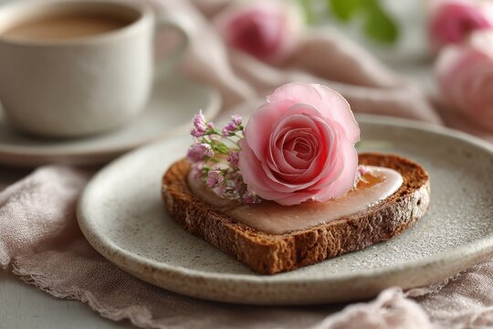 Toast with fried egg, ricotta, and strawberries on a pink plate next to a teacup and a pink rose on a rustic wooden table for a morning breakfast - Powered by Adobe