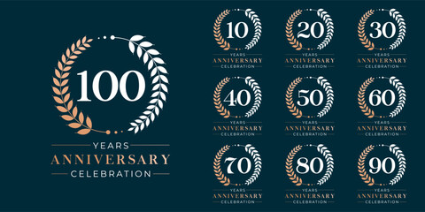 Set of vector icon or logo designs for 10th to 100th anniversary with laurel wreath, in gold color for celebrations, weddings and birthdays