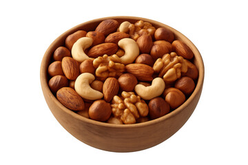 Wooden bowl overflowing with mixed nuts—almonds, cashews, walnuts, hazelnuts—presenting healthy, crunchy snack against clean backdrop