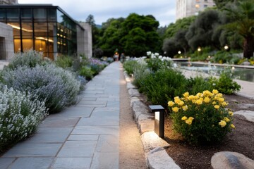 Fototapeta premium An inviting stone pathway surrounded by lush greenery and brightly colored flowers, softly illuminated by lights, perfect for evening strolls in a serene garden.