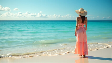 Young woman standing on beach looking at ocean under clear sky  