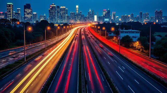 Trading road, commerce route, transport pathway. Market access. Vehicles speed along express lanes. Freight transport increases urban delivery. Efficient pathways reduce travel time.