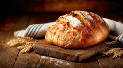 A rustic loaf of bread sits on a wooden cutting board, surrounded by soft wheat stalks, showcasing the beauty of artisanal baking and the warmth of homemade food.