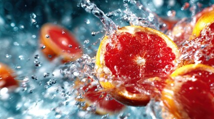 Juicy segments of grapefruit burst dynamically into refreshing water, creating a vibrant splash that evokes feelings of freshness and excitement, perfect for food photography lovers.