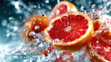 A juicy grapefruit erupts in a splash of water, conveying freshness and zestiness while composing a thrilling visual that celebrates vitality and the joy of healthy fruits.