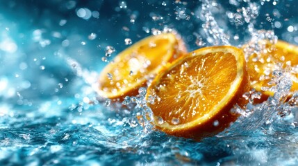 Orange slices creating vibrant splashes in refreshing water, capturing the juicy and dynamic essence of nature's flavors and the energy of fruit in motion.