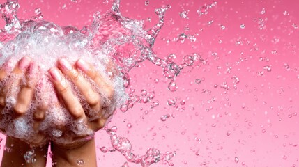 Hands hold a pool of water with bubbles, creating a captivating scene against a pink backdrop that conveys emotion and tranquility, emphasizing cleanliness and beauty as core themes.