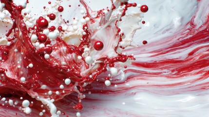 An abstract display of red and white paint splashes creating a dynamic interplay of colors and shapes that conveys a sense of motion and creativity in art.