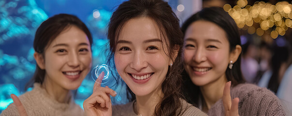 Young women interacting with futuristic touchscreen interface in aquarium