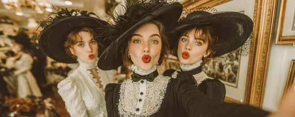 Three elegant women with hats taking a selfie in an art gallery