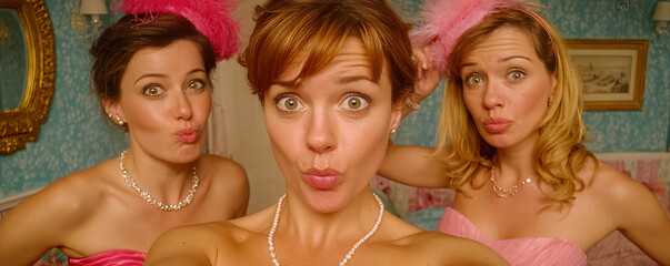 Three smiling bridesmaids pouting at bachelorette party