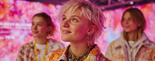 Young women attending an immersive digital art exhibition enjoying colorful light projections