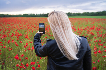 View from the back: a female tourist in a black jacket photographs a picturesque field of red...