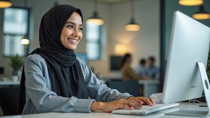 Smiling muslim businesswoman in hijab working on computer while sitting in modern office