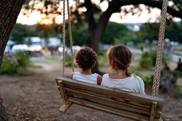 Two kids, a boy and girl, are swinging together on a wooden swing under a tree at sunset. They are soaking in the peaceful moment, symbolizing innocence and camaraderie.