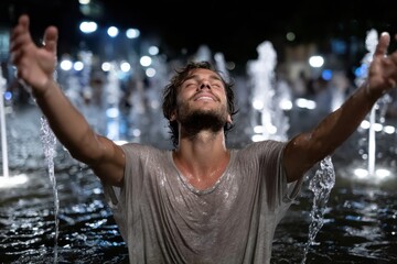 A young man expressing sheer joy while standing in a lit fountain at night, showcasing happiness and freedom in a refreshing water environment filled with fun.