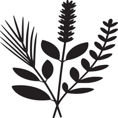 A black and white vector illustration of a bouquet of three different types of plants together