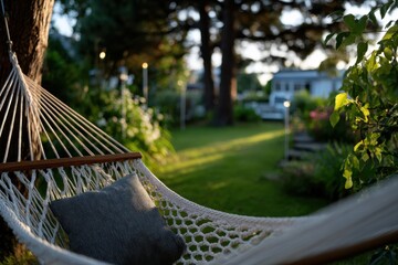 A serene view of a cozy hammock in a lush garden setting, inviting relaxation and tranquility, emphasizing the beauty of nature and peaceful leisure moments in life.