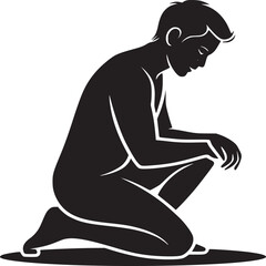 Silhouette of a man kneeling with his head down in a contemplative or sad pose on white background