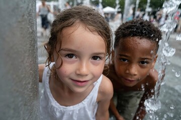 A captivating moment capturing two kids peeking through water fountains, symbolizing innocence and carefree joy in a lively outdoor setting filled with laughter and fun.