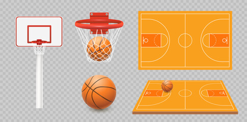 Basketball hoop with net and  basketball ball. Red and black basketball ring. Vector illustration