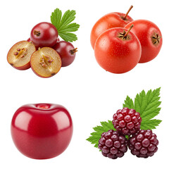 Assorted red fruits including apples, berries, and gooseberries  