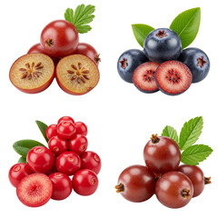 Fresh assorted berries in various arrangements with green leaves  