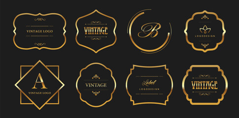 Golden decorative frame set. Vector vintage frames. Gold logo emblems. Badges for brand label. Greeting card design elements