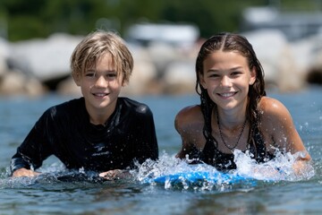This captivating image showcases two joyful kids swimming in clear water, enjoying their summer day, conveying a sense of friendship and carefree fun under the sun.