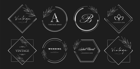Silver decorative frame set. Vector vintage frames. Logo emblems. Badges for brand label. Greeting card design elements