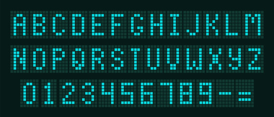 Blue Digital Dotted Font with Alarm Clock Letters, Electronic Alphabet, Retro Calculator Symbols, Monitor Characters, and Scoreboard Digits. Vector EPS 10