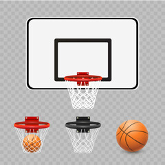 Basketball hoop with net and  basketball ball. Red  basketball ring and sport field. Sports equipment. Vector illustration
