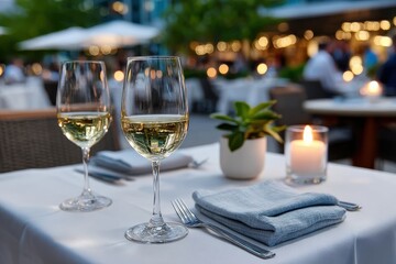This elegant dining setup captures two wine glasses on a beautifully arranged table, reflecting the ambience of a romantic evening, evoking feelings of intimacy and celebration.