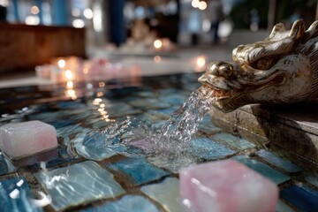 A beautifully designed dragon fountain gracefully pours water into the serene pool, adorned with pastel-colored ice cubes, creating a tranquil and inviting atmosphere.