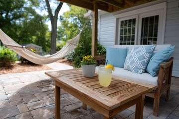 This inviting image features a refreshing drink on a wooden table on a cozy patio, showcasing a tranquil atmosphere that encourages relaxation and enjoyment of nature’s bounty.