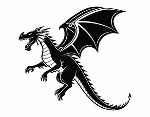 Flying dragon tattoo in black ink style, mythical beast with open mouth, long tail and spiked back