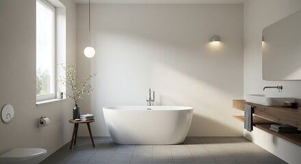 Serene Bathroom Interior: A minimalist bathroom bathed in soft sunlight, featuring a modern bathtub and stylish design.