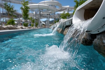 A thrilling view of a water slide cascading into a bright blue pool, inviting adventure seekers to enjoy a refreshing splash in a vibrant aquatic environment.