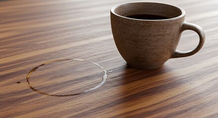 Morning Brew on Wood: A rustic ceramic mug, filled with dark coffee, sits on a sleek wooden surface, its presence leaving a circular mark, a testament to a moment's pause.