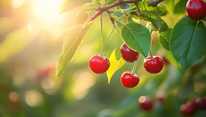 Obraz premium Ripe cherries hang on branches in orchard. Sweet fruits at farm. Eco background, sunny summer autumn day. Harvesting in countryside