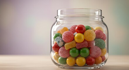 Colorful Candies in a Jar: A delightful assortment of vibrant candies fills a transparent jar, inviting indulgence with their rich colors and sweet promise. A nostalgic look on confectionery treats.