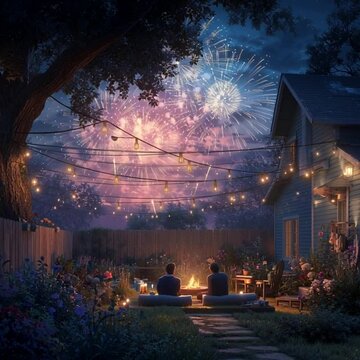 Evening with friends relaxing in the backyard watching fireworks