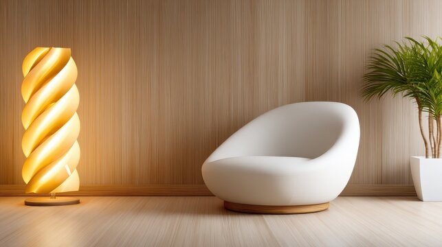 An elegantly designed modern living room featuring a sleek chair and a unique lamp, showcasing sophistication and style in an inviting and tranquil atmosphere.