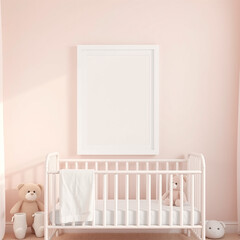 blank canvas frame mockup in room pastel colored nursery decor playful children's theme crib side poster display soft toys whimsical wall design ideal for kids room interior decoration inspiration