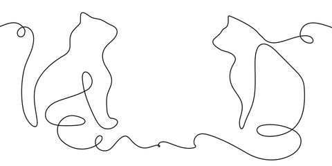 Cat continuous line sketch pet outline drawing vector one animal draw. Line cat two happy 2 couple doodle kitten white black background cute illustration friendship clipart silhouette contour back art