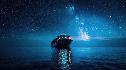  Nighttime cargo ship navigation in tranquil waters ocean photography serene environment wide-angle view maritime adventure
