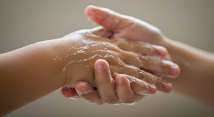 Fototapeta premium Close-up of a child's small hand being gently washed with soap, focus on foamy lather and skin texture, natural daylight, blurred background, concept of hygiene, childhood care, handwashing routine.
