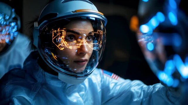 Astronaut engages with futuristic holographic interface inside spacecraft cockpit
