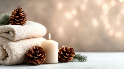 A peaceful spa arrangement featuring neatly stacked towels, lit candles, and decorative pinecones, creating a calming atmosphere perfect for relaxation and wellness.