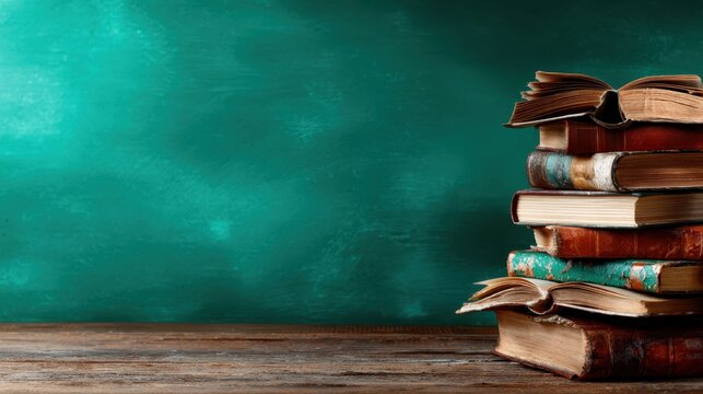 A well-arranged stack of vintage books against a textured background reflects nostalgia for literature and the timeless love for reading, enhancing an inviting atmosphere.